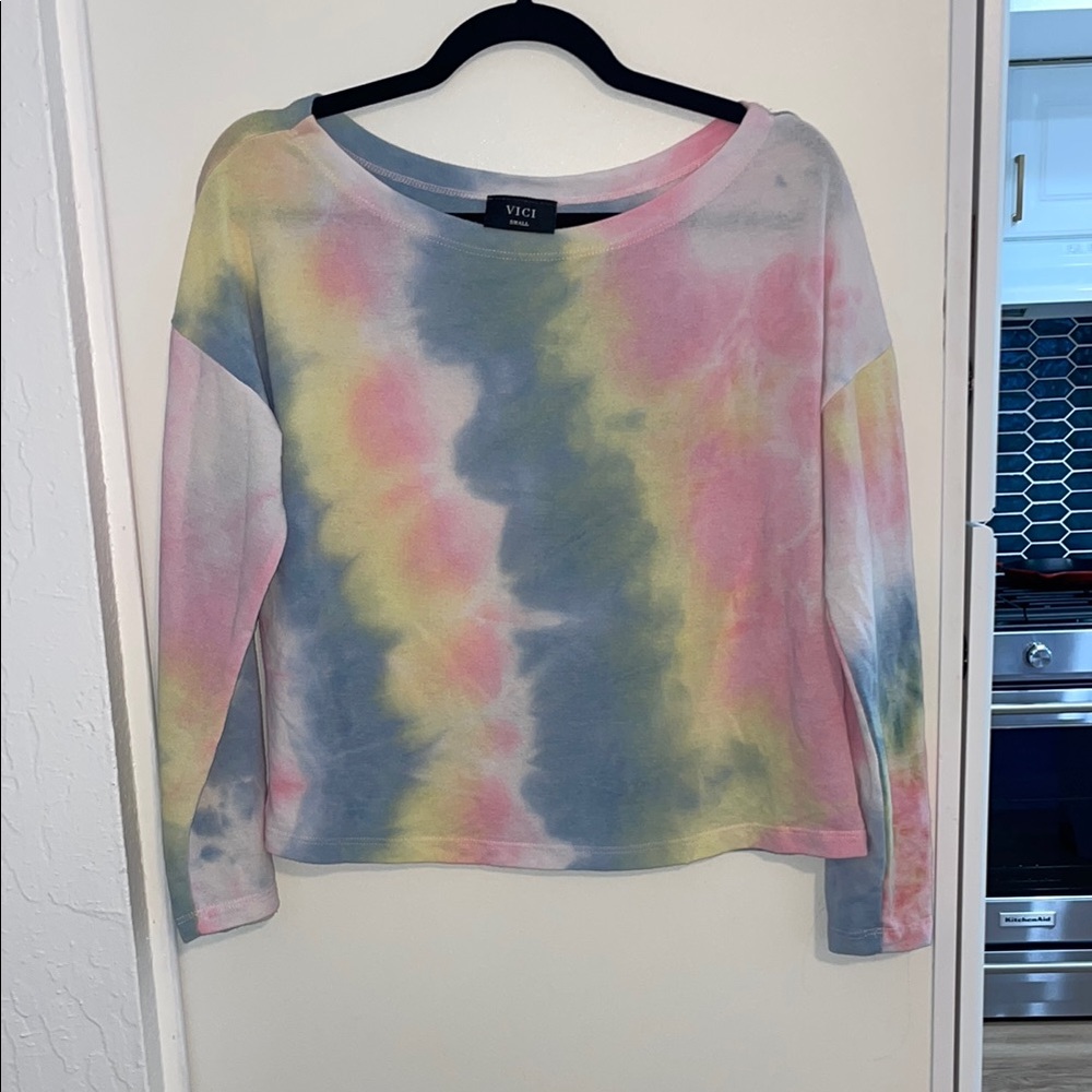 Vici Pink, Blue & Yellow Tie Dye Long Sleeve Oversized Tee | S
